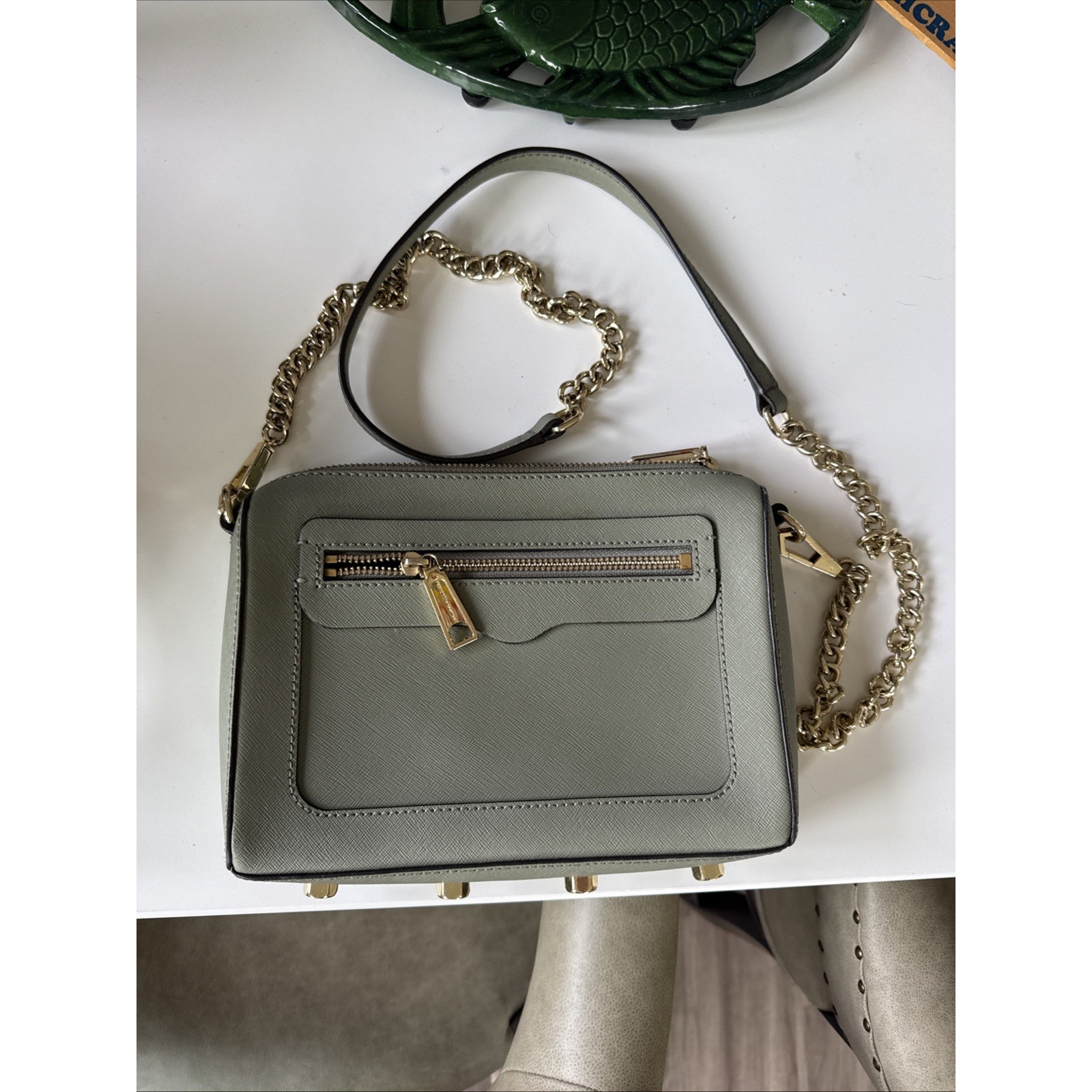 Rebecca Minkoff Green Leather Moto Zipper Crossbody Handbag Gold Chain